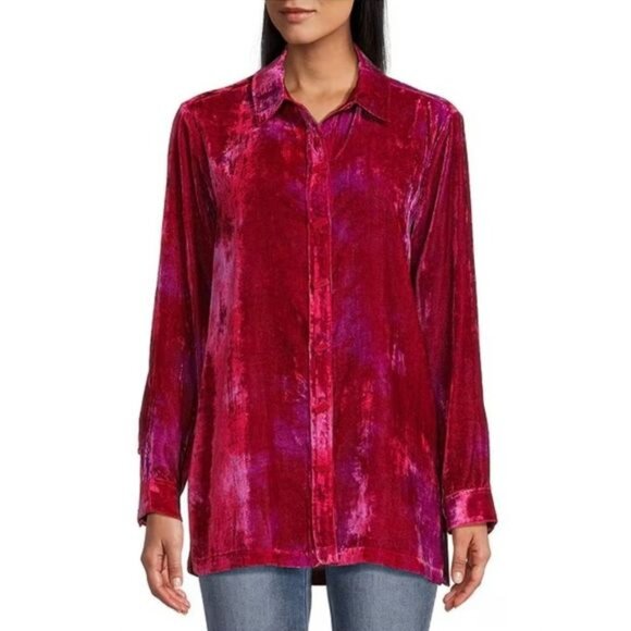 JOHN MARK Point Collar Button Front Tunic Top Size S Red Pink Tie Dye Velvet NEW - Picture 1 of 8